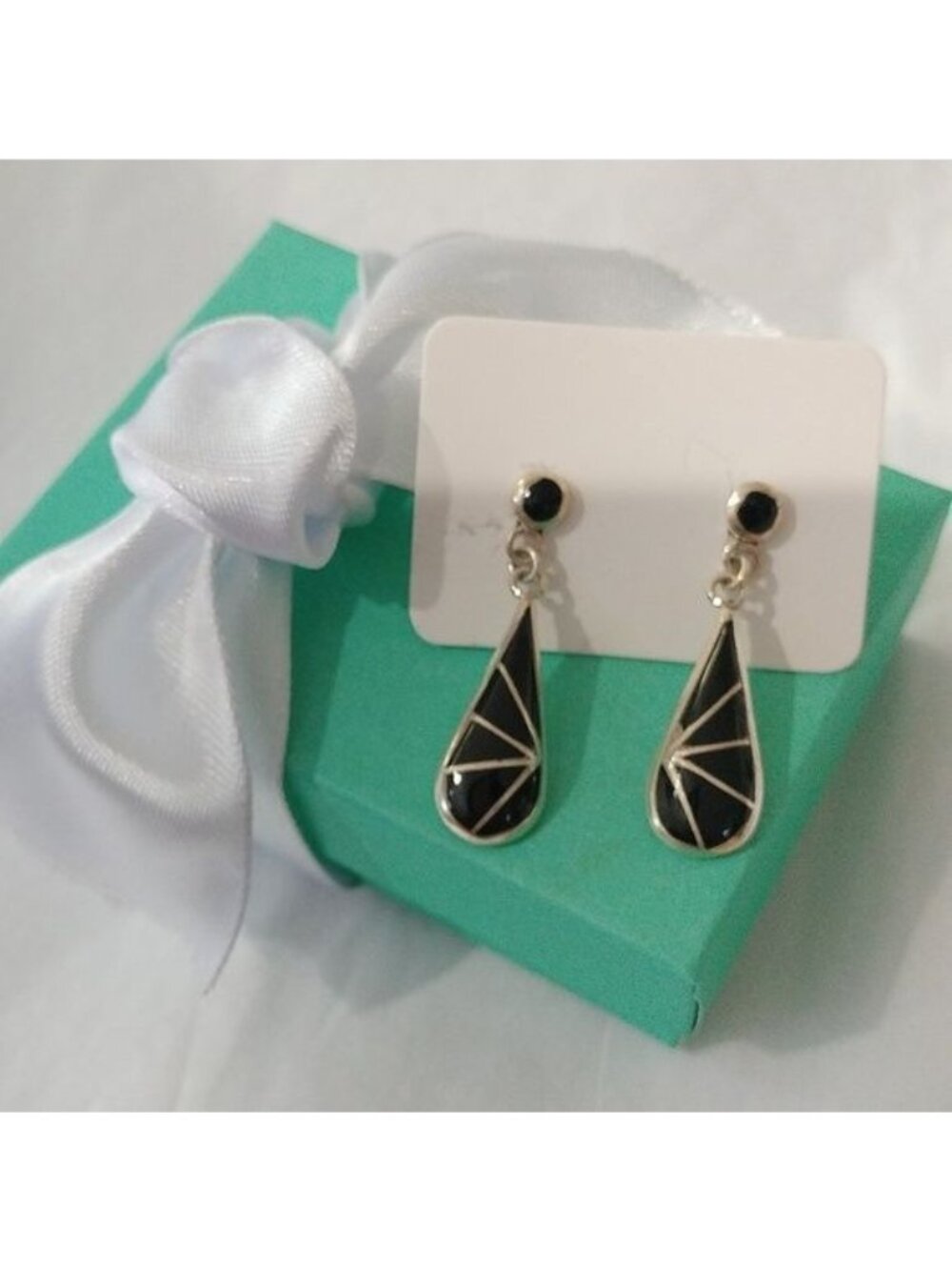 Vintage Sterling Silver+ Polished Onyx Zuni Spiderweb Dangle Earrings K.E.K